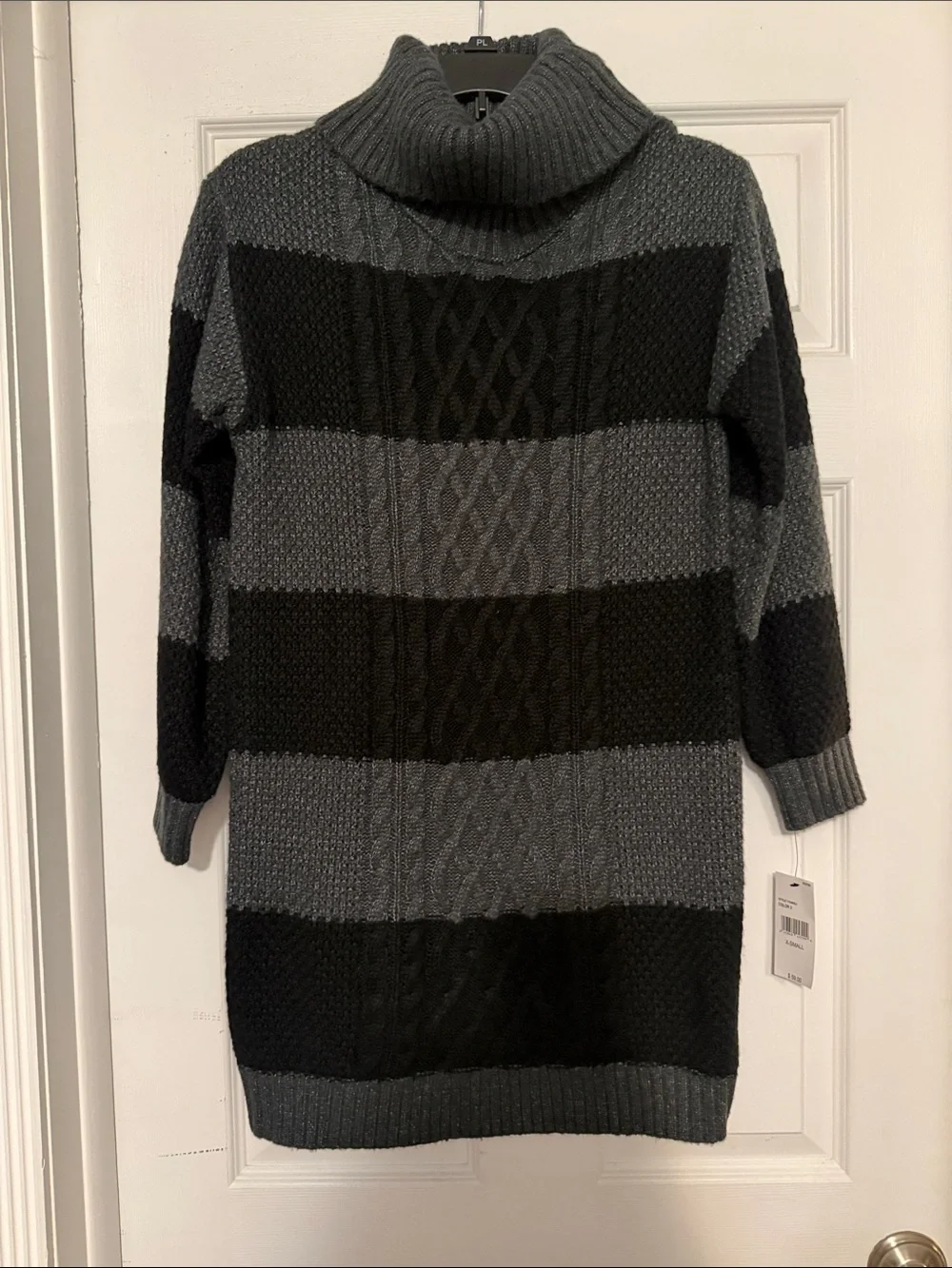 by & by Black and Charcoal Striped Turtleneck Sweater Dress
